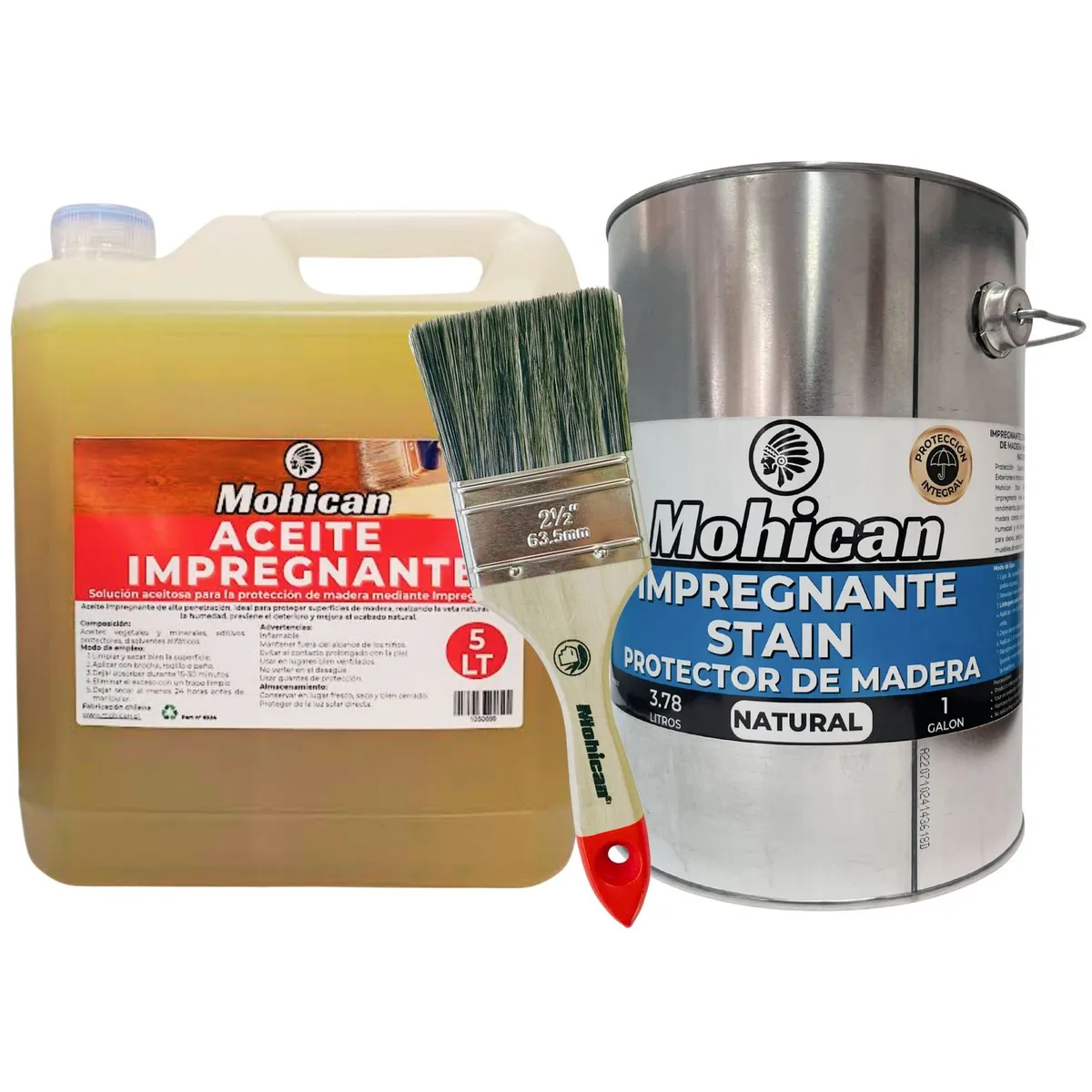 MOHICAN - ACEITE IMPREGNANTE 5L + PROTECTOR STAIN MADERA 1GL + BROCHA
