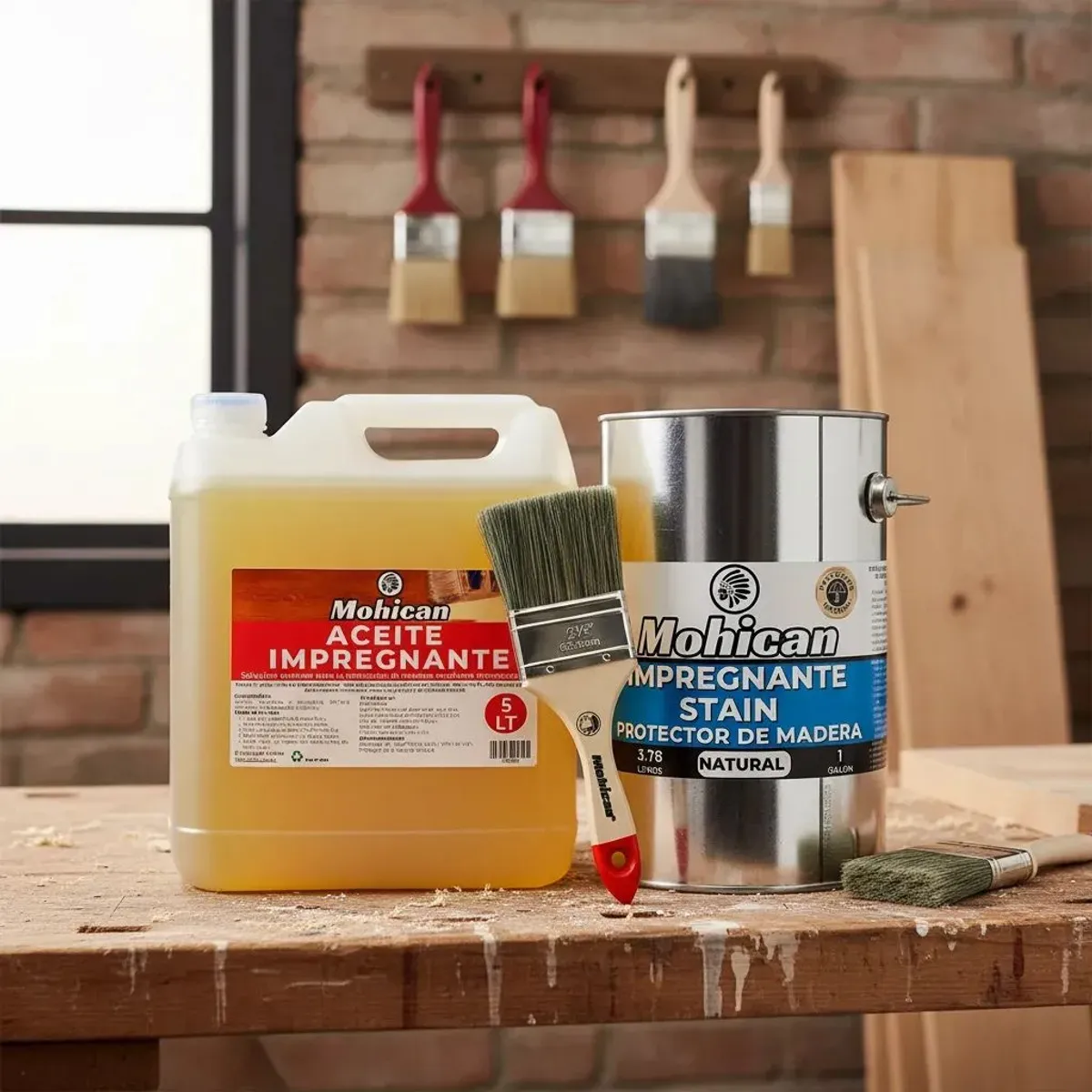 MOHICAN - ACEITE IMPREGNANTE 5L + PROTECTOR STAIN MADERA 1GL + BROCHA