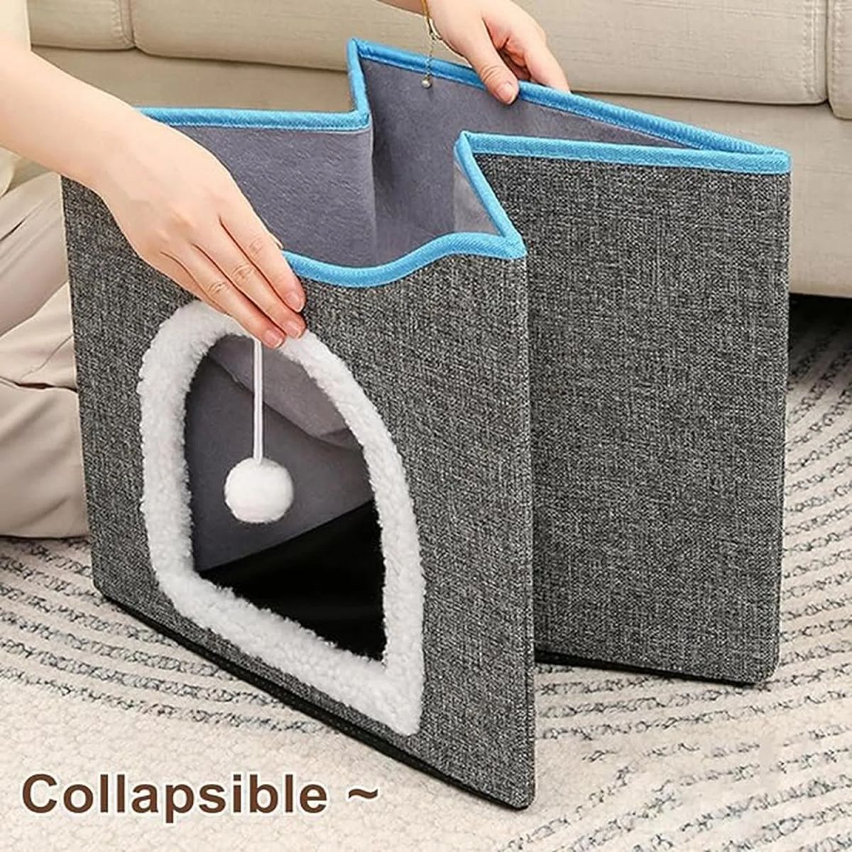 GENERICO - Cama Casa Pequeña Plegable Con Rascador Para Mascotas Gatos Gris Casa Cuadrada