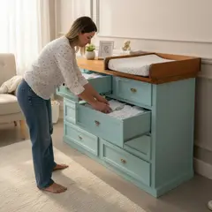 GENERICO - Comoda de Madera con mudador 9 cajones 120x45x90 Color Menta cubierta Canela