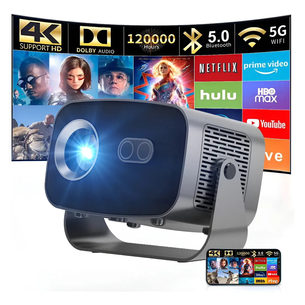 GENERICO - Proyector Portátil Mini A10 Hd Ultra 4k Android 13 Wifi Bluetooth 12000lm