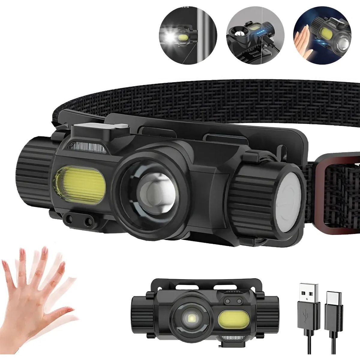 KUANGYE - Linterna Frontal Recarga,faro Usb Xpg Cob 6000 Lm Con Sensor IPX4 Faro Ajustable De 180° Impermeable