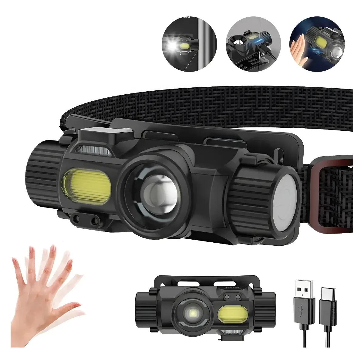 KUANGYE - Linterna Frontal Recarga,faro Usb Xpg Cob 6000 Lm Con Sensor IPX4 Faro Ajustable De 180° Impermeable