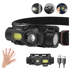 KUANGYE - Linterna Frontal Recarga,faro Usb Xpg Cob 6000 Lm Con Sensor IPX4 Faro Ajustable De 180° Impermeable