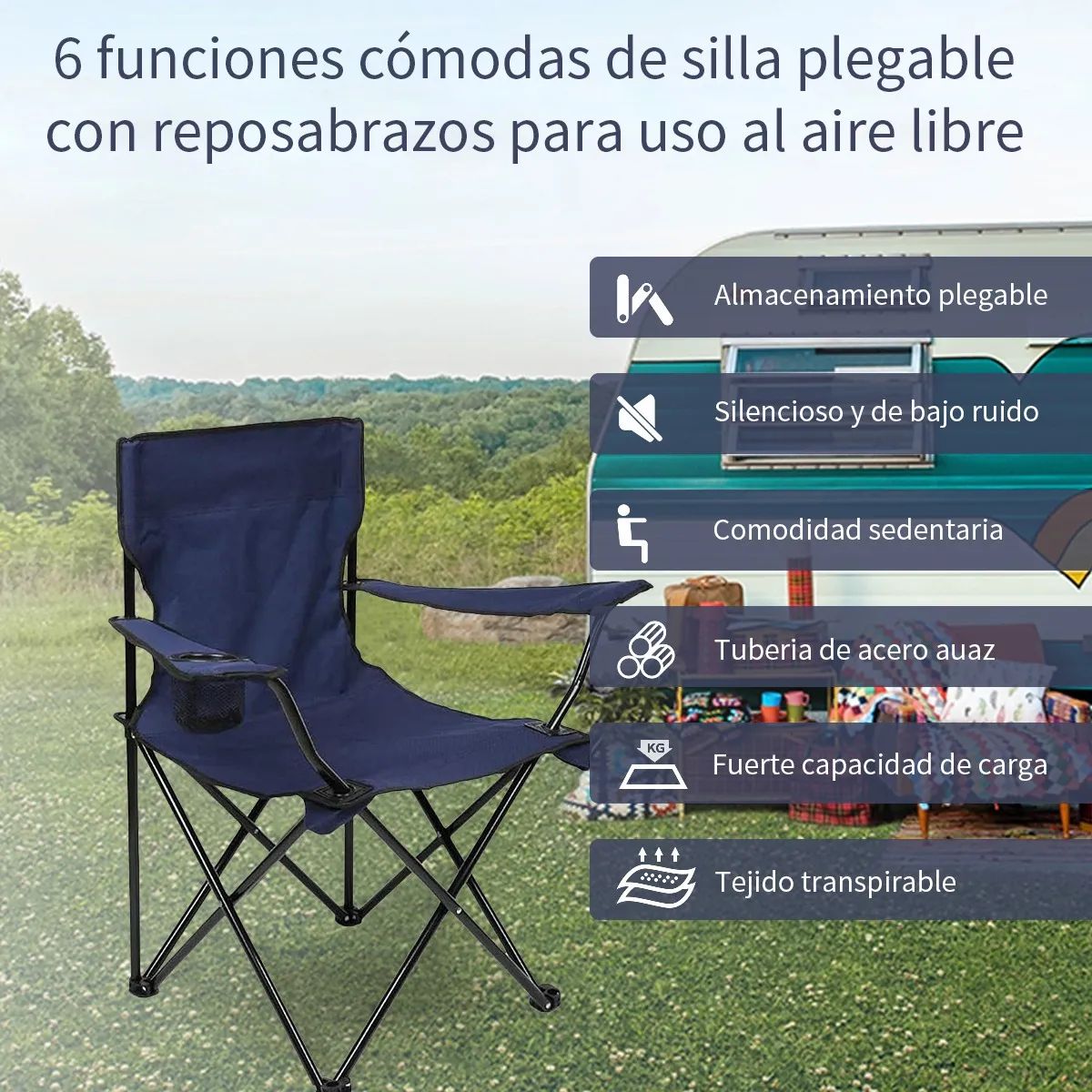SUPERCENTER - Silla Plegable De Playa Camping Con Bolso De Porta VasosAzul marino