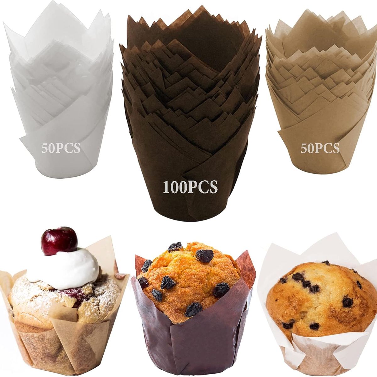 KUANGYE - 200Pcs Tazas Papel de Pastel de Tulipán a Prueba Grasa De Muffin para Hornear Cupcakes y Magdalenas