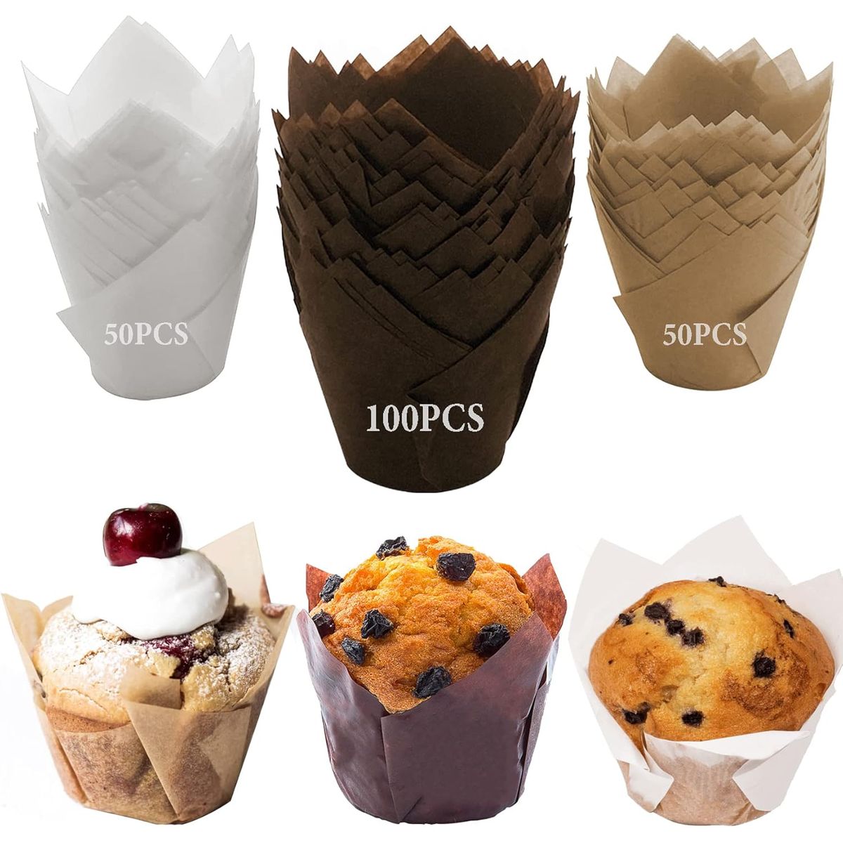 KUANGYE - 200Pcs Tazas Papel de Pastel de Tulipán a Prueba Grasa De Muffin para Hornear Cupcakes y Magdalenas
