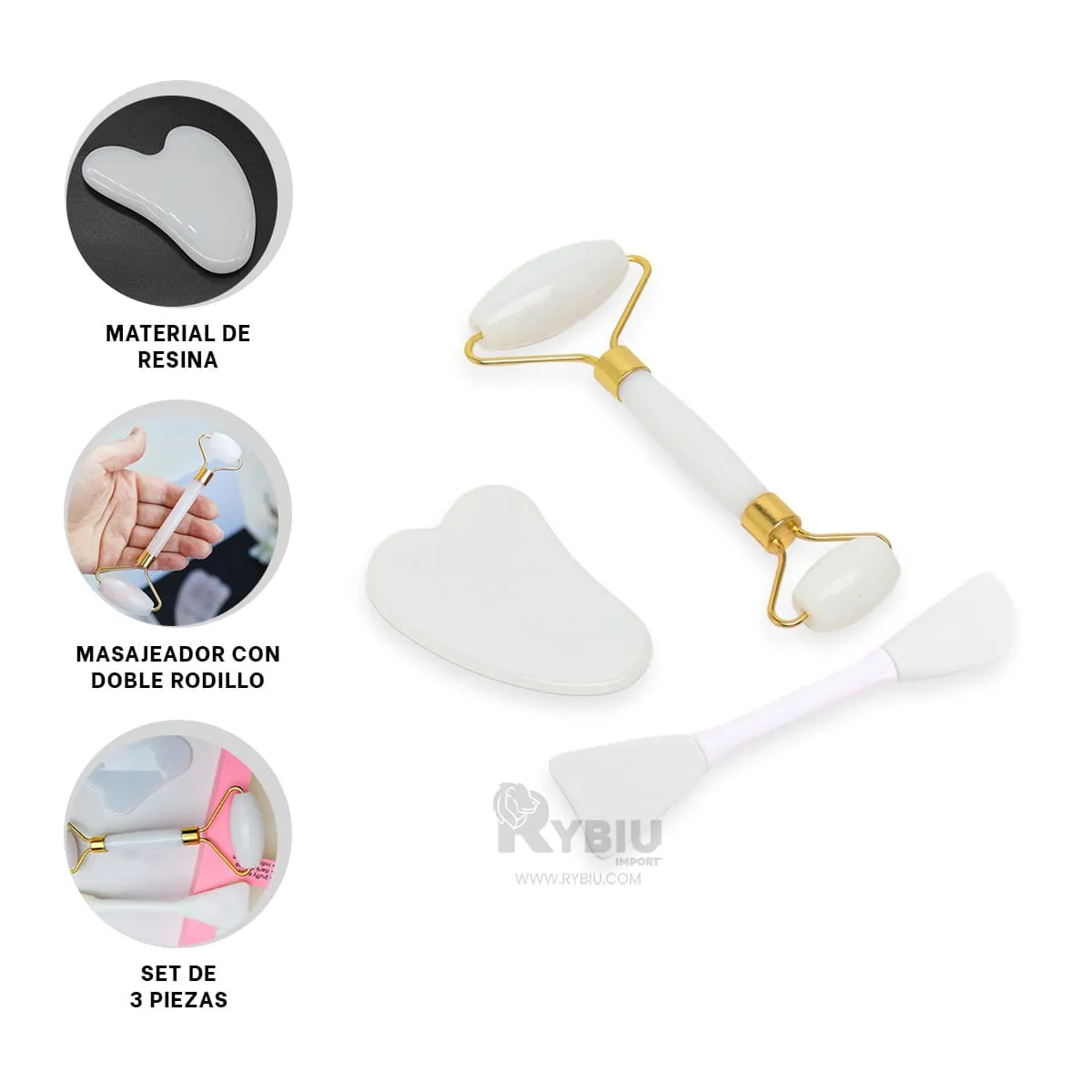 GENERICO - Set Masajeador Facial  Roller y Gua Sha Blanco