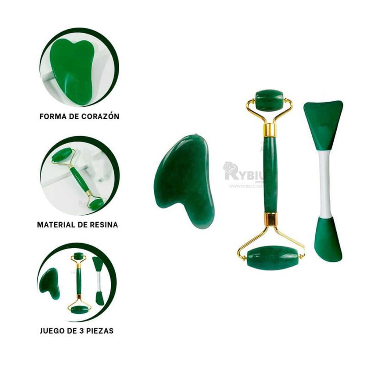 GENERICO - Set Masajeador Facial  Roller y Gua Sha Verde