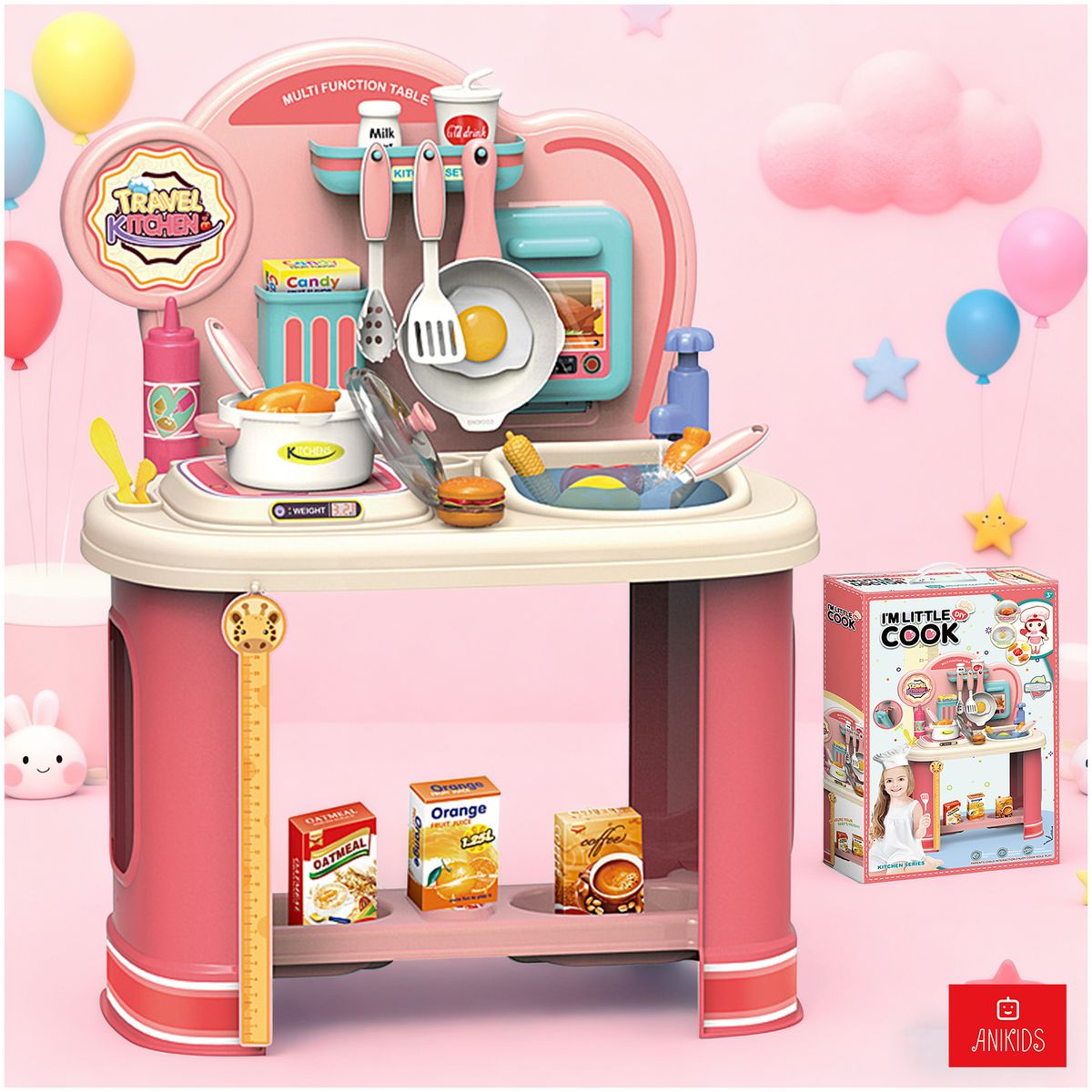 ANIKIDS - Juguete Cocinar 58cm Para Niñas Agua 25 Pcs Juego Mini Chef Rosa