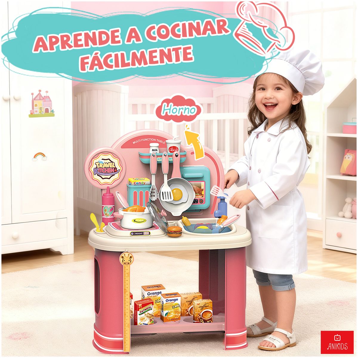 ANIKIDS - Juguete Cocinar 58cm Para Niñas Agua 25 Pcs Juego Mini Chef Rosa