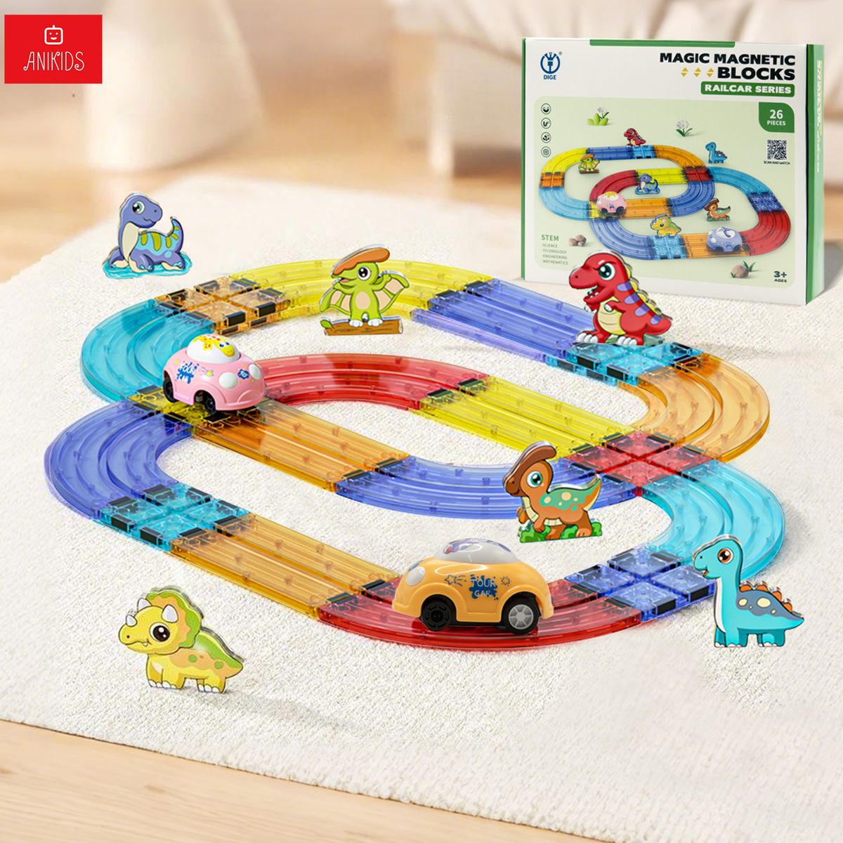 ANIKIDS - Pista De Autos Bloque Magnético Juguete Armable Niños 26 Pcs Multicolor