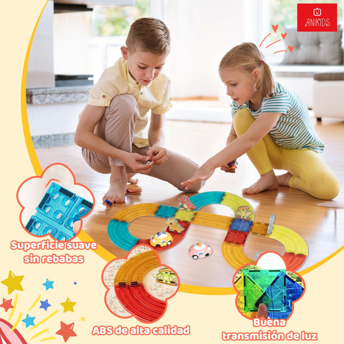 ANIKIDS - Pista De Autos Bloque Magnético Juguete Armable Niños 26 Pcs Multicolor