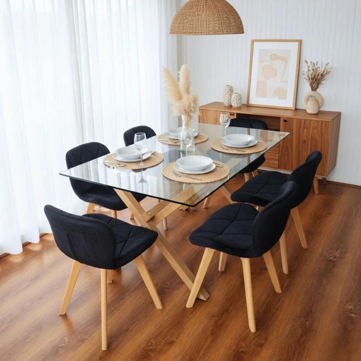 PANDALINO - Comedor Moderno Mesa Xinia 140x90 + 6 Sillones Rubik Velvet Negro