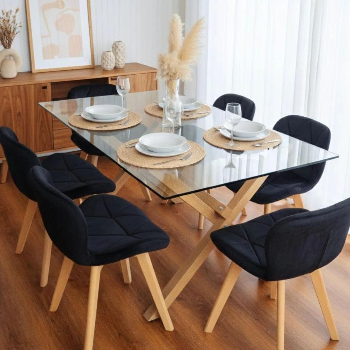 PANDALINO - Comedor Moderno Mesa Xinia 140x90 + 6 Sillones Rubik Velvet Negro