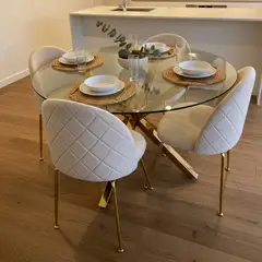 PANDALINO - Comedor Mesa Equiz 100cm (Patas X Dorada) + 4 Sillas Adela Beige