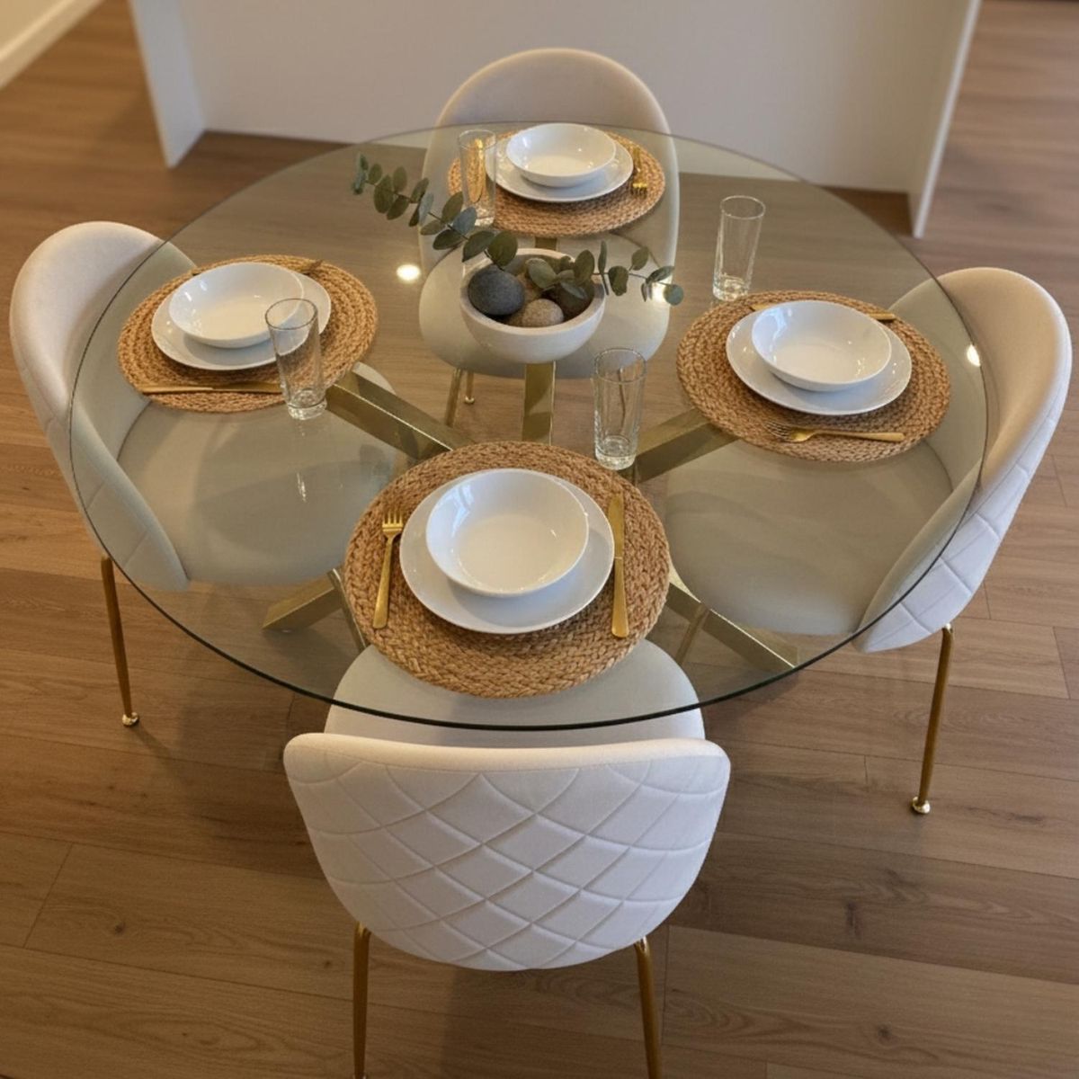 PANDALINO - Comedor Mesa Equiz 100cm (Patas X Dorada) + 4 Sillas Adela Beige