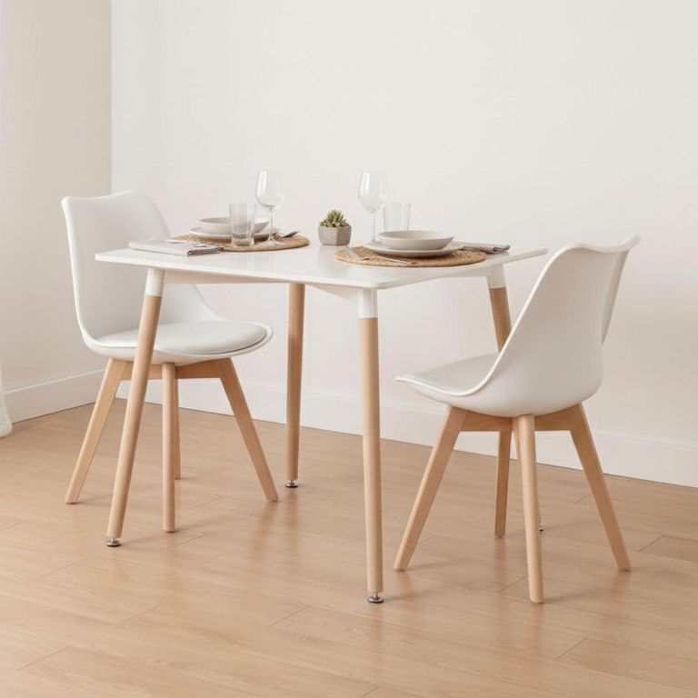 Comedor Mesa Aroa Blanca 80x80 cm + 2 Sillas Tulip Blanca Blanco