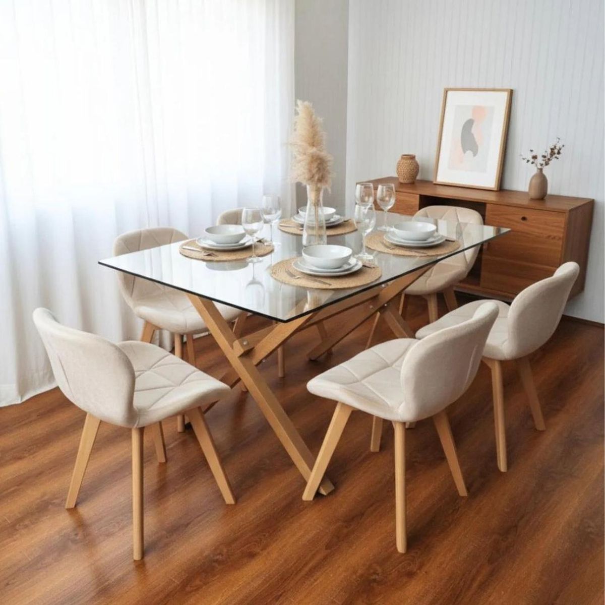 PANDALINO - Comedor Moderno Mesa Xinia 140x90 + 6 Sillones Rubik Velvet Beige