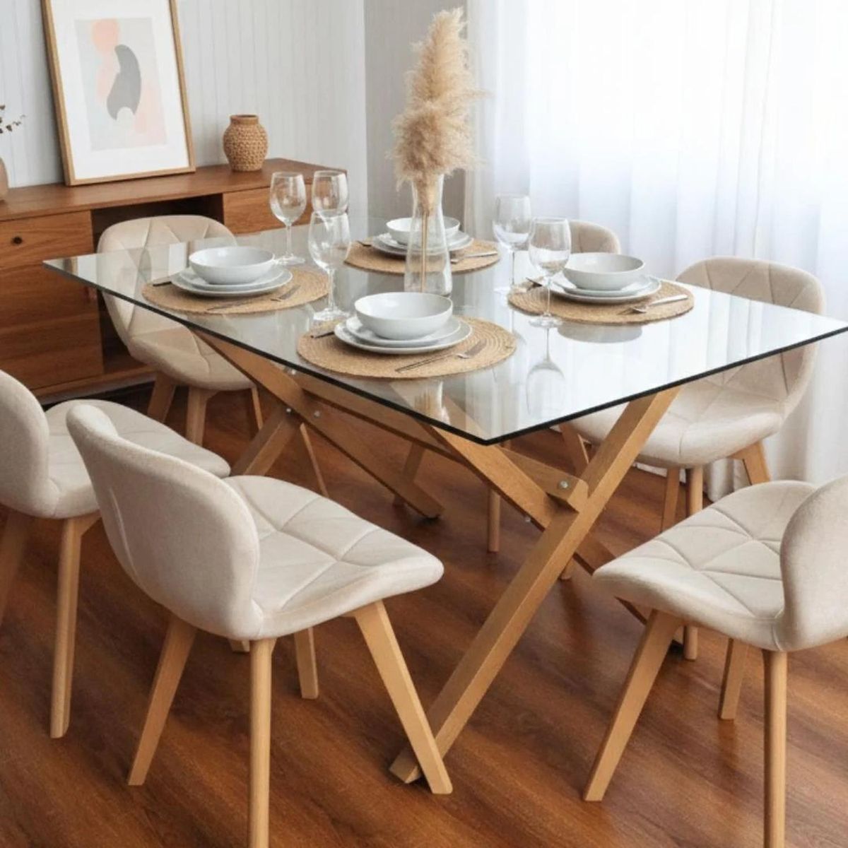 PANDALINO - Comedor Moderno Mesa Xinia 140x90 + 6 Sillones Rubik Velvet Beige