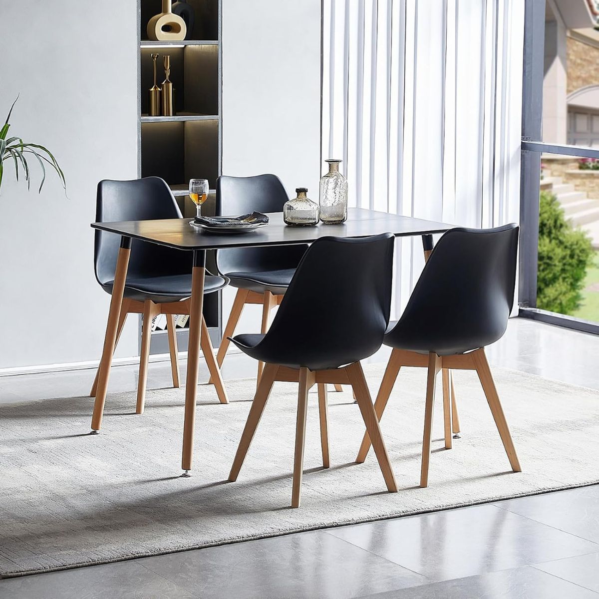 PANDALINO - Comedor Mesa Rectangular Brunell 120x80 Negra + 4 Sillas Tulip Negra