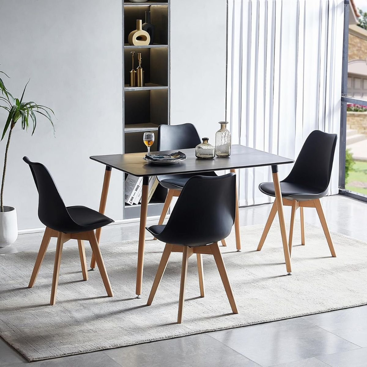 PANDALINO - Comedor Mesa Rectangular Brunell 120x80 Negra + 4 Sillas Tulip Negra