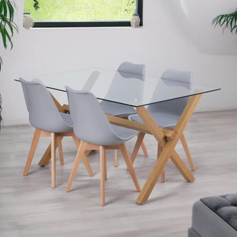 Comedor Moderno Mesa Xinia 140X90 + 4 Sillas Tulip Gris Gris claro