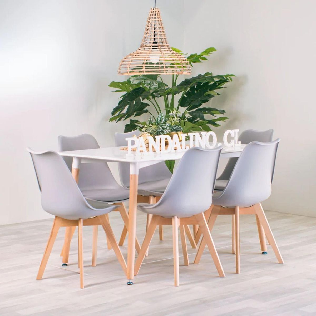 PANDALINO - Comedor Mesa Rectangular Brunell 120x80 Blanca + 6 Sillas Tulip Gris