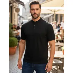 LOOK SHOP - Camisa Hombre Algodón Slim Fit, Verano Cuello Mao, Botones 6285