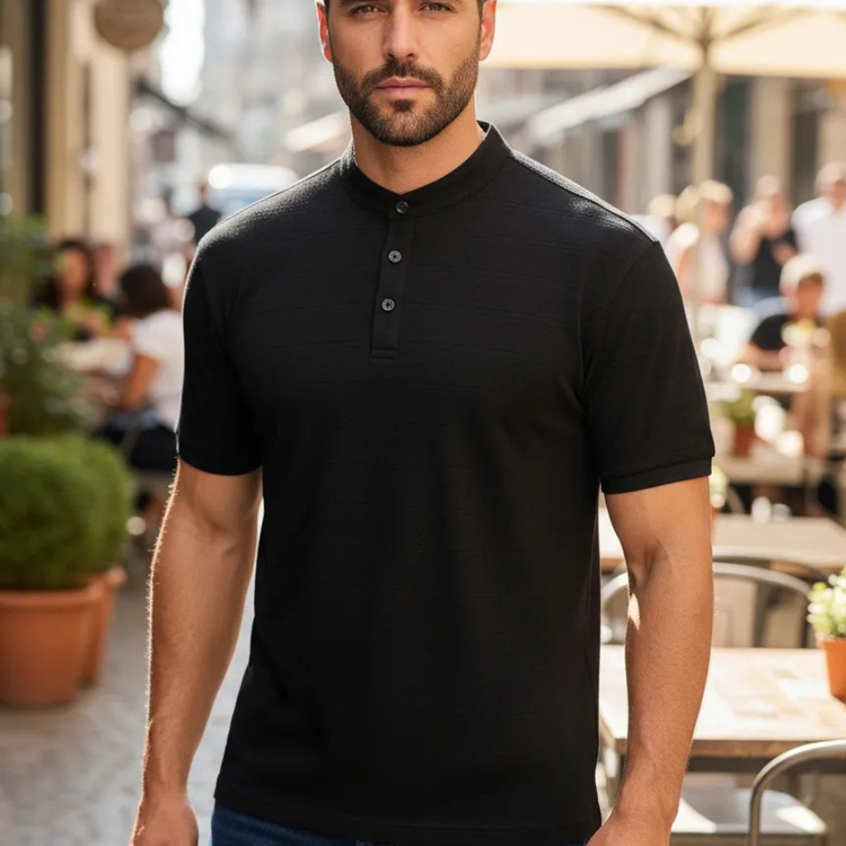 LOOK SHOP - Camisa Hombre Algodón Slim Fit, Verano Cuello Mao, Botones 6285
