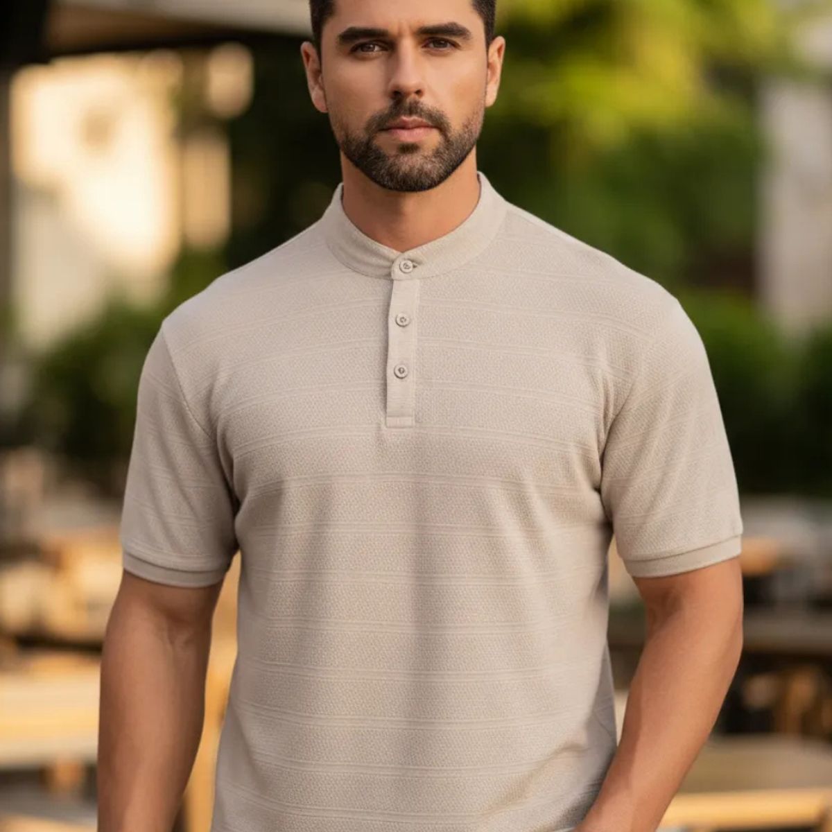 LOOK SHOP - Camisa Hombre Algodón Slim Fit, Verano Cuello Mao, Botones 6285