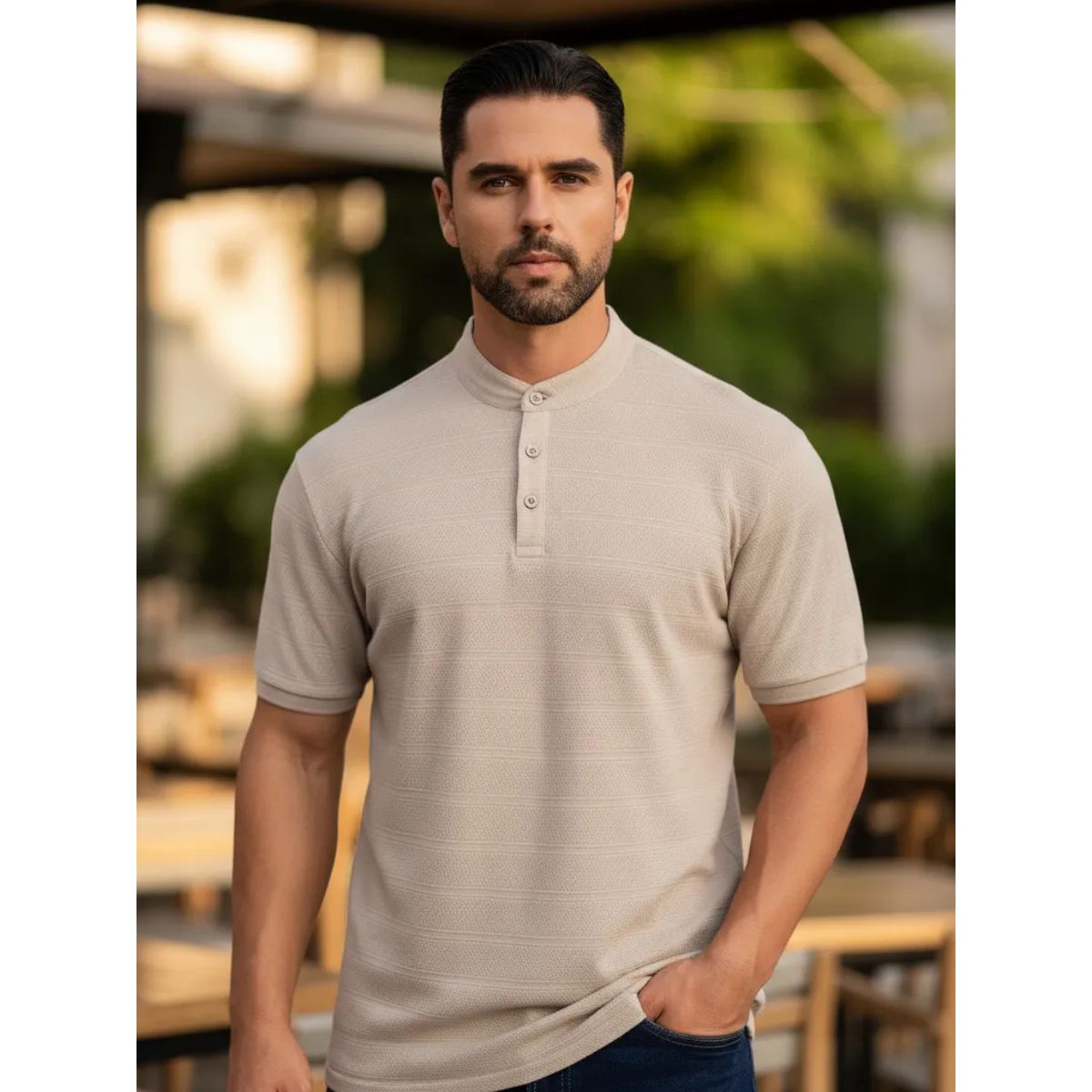 LOOK SHOP - Camisa Hombre Algodón Slim Fit, Verano Cuello Mao, Botones 6285