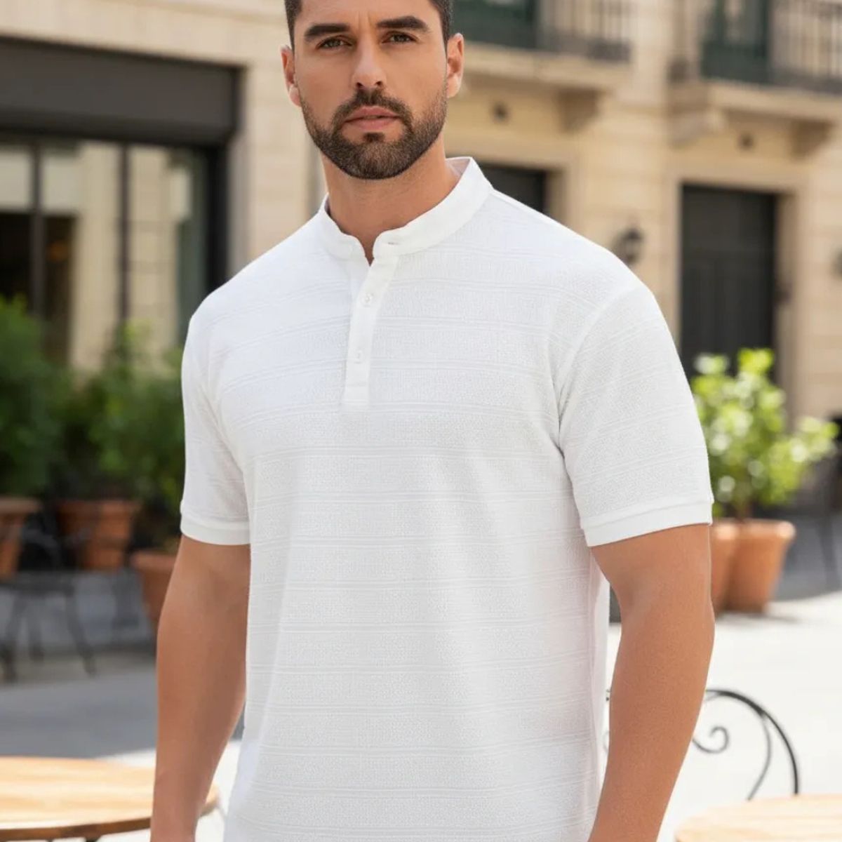 LOOK SHOP - Camisa Hombre Algodón Slim Fit, Verano Cuello Mao, Botones 6285