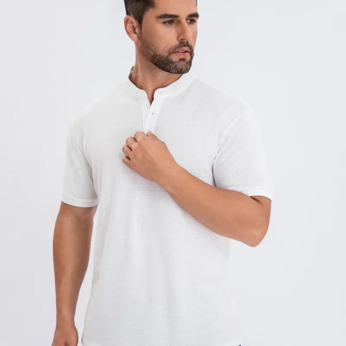 LOOK SHOP - Camisa Hombre Algodón Slim Fit, Verano Cuello Mao, Botones 6285