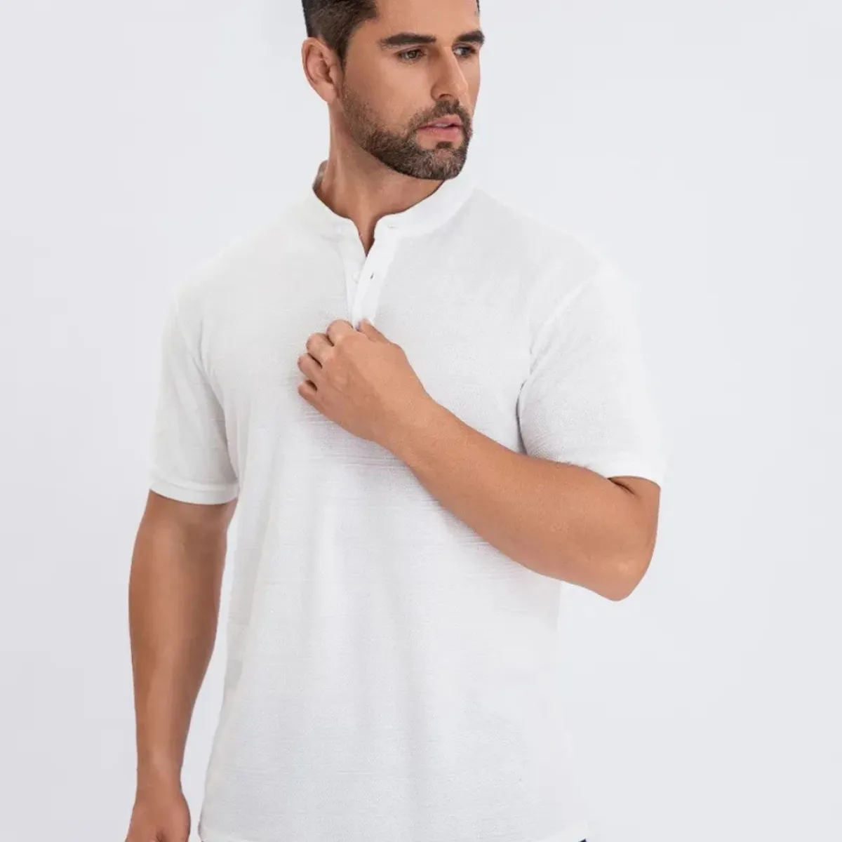 LOOK SHOP - Camisa Hombre Algodón Slim Fit, Verano Cuello Mao, Botones 6285