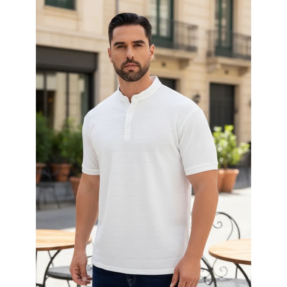 LOOK SHOP - Camisa Hombre Algodón Slim Fit, Verano Cuello Mao, Botones 6285