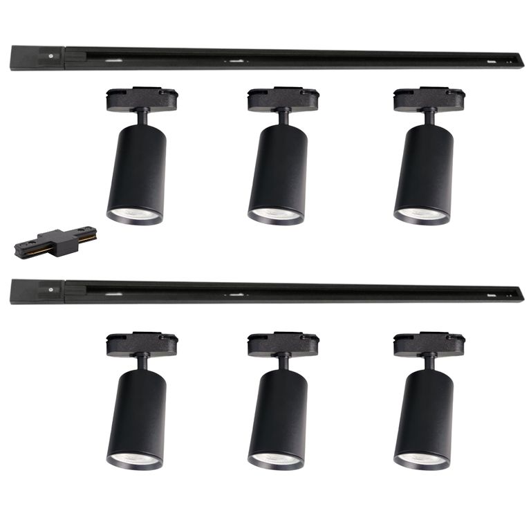 Lampara 6 Focos Cilindros Luz Fria con 2 Riel de 1mt Negro