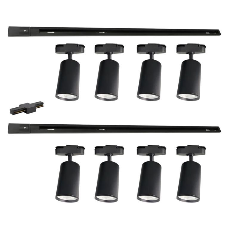 Lampara 8 Focos Cilindros Luz Fria con 2 Riel de 1mt Negro