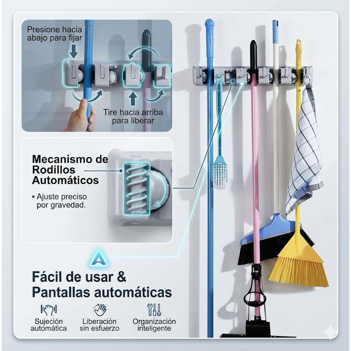 GENERICO - Organizador Porta Escobas Útiles De Aseo Cocina Pared Gris