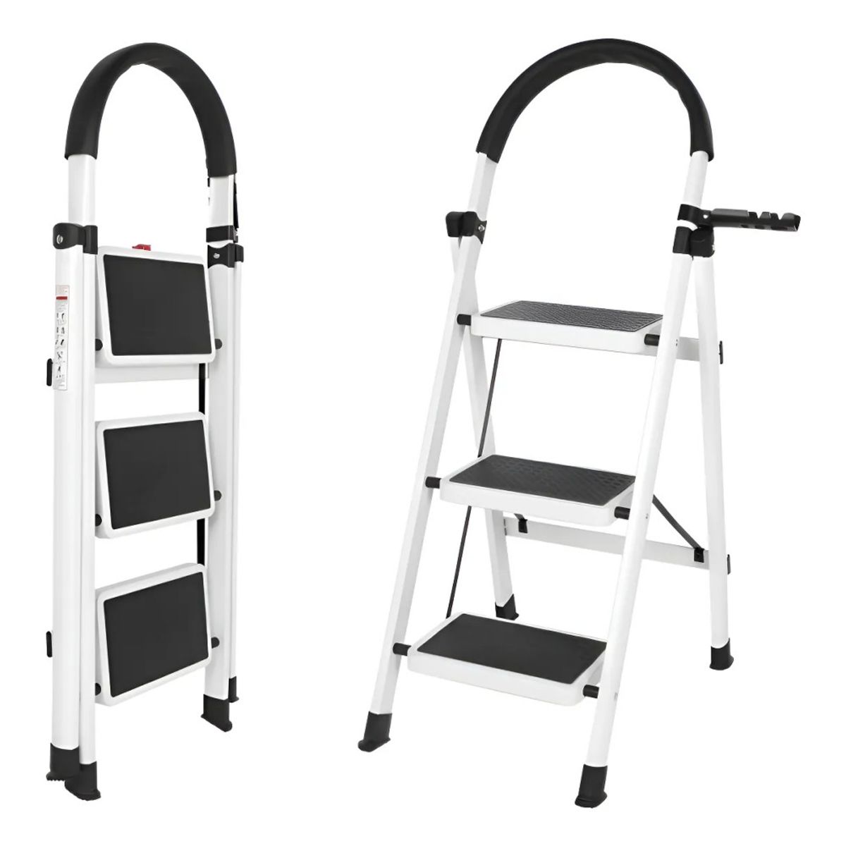 MUNDO MAGIA - Escalera De Tijera Plegable Escala 3 Peldaños Antideslizante Blanco