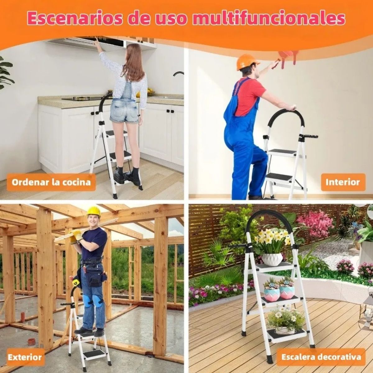 MUNDO MAGIA - Escalera De Tijera Plegable Escala 3 Peldaños Antideslizante Blanco