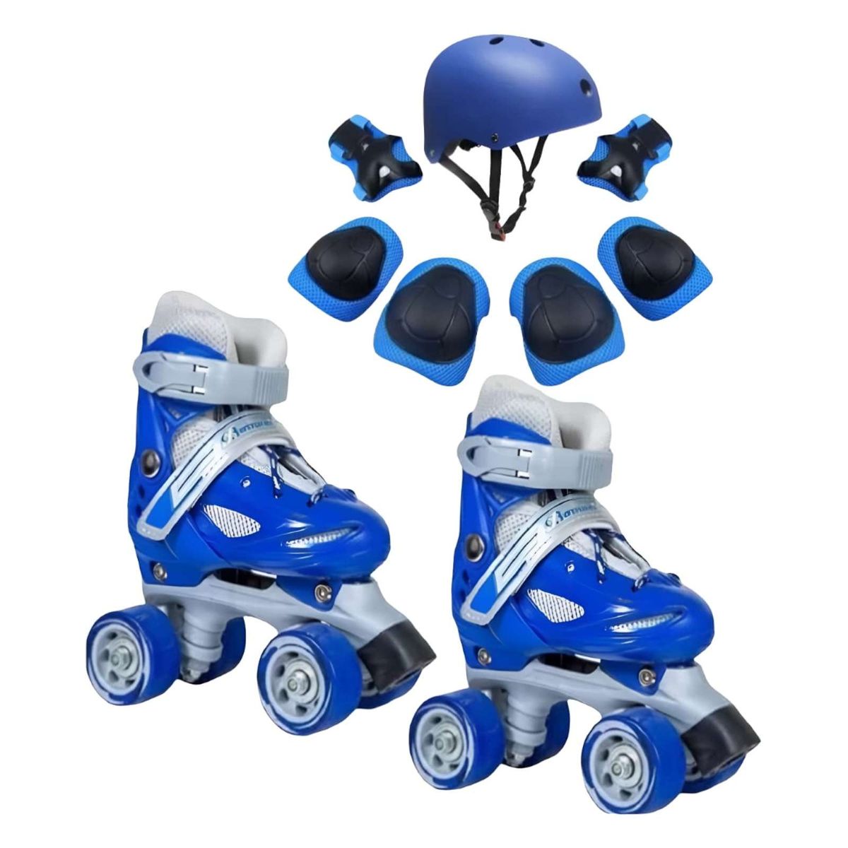 GENERICO - Patines 4 Ruedas Ajustables + Kit Protección AZUL Talla M35-38