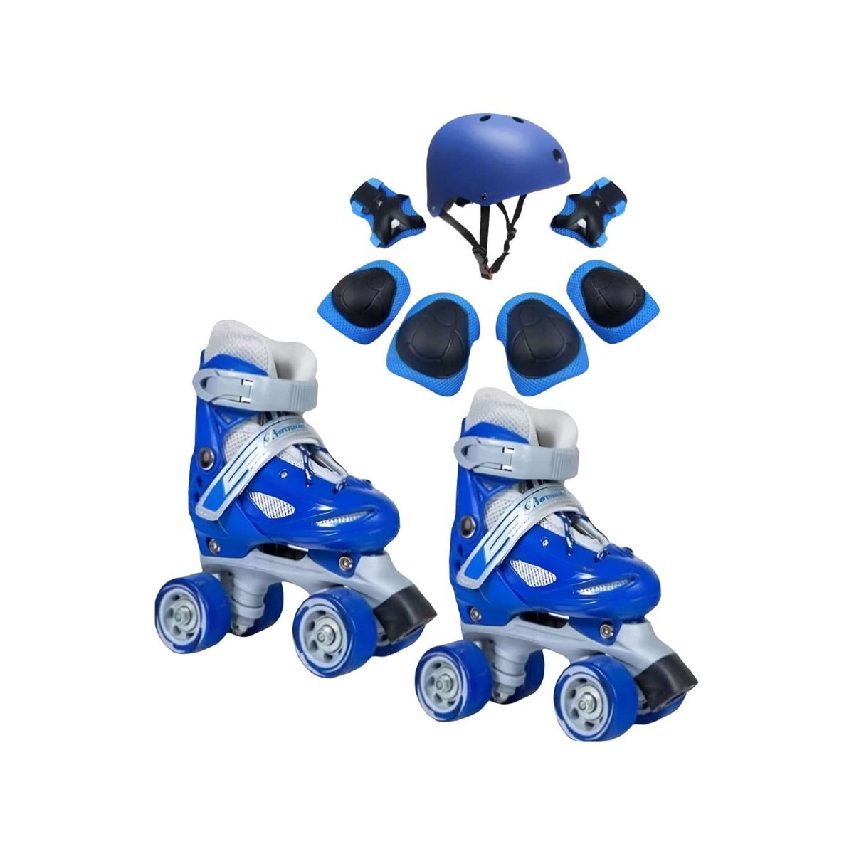 GENERICO - Patines 4 Ruedas Ajustables + Kit Protección AZUL Talla M35-38