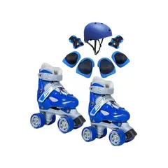 GENERICO - Patines 4 Ruedas Ajustables + Kit Protección AZUL Talla M35-38