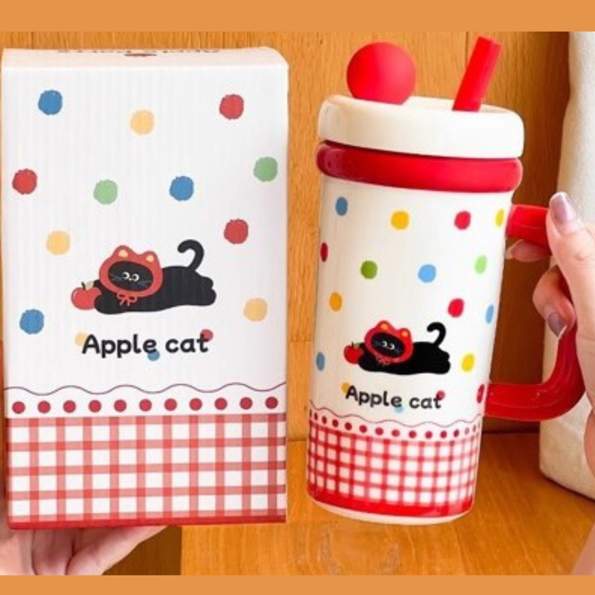 SUKEA - Tazas Cerámica Gato Y Perro Apple Cat Puppy Caja Regalo Gato lunares