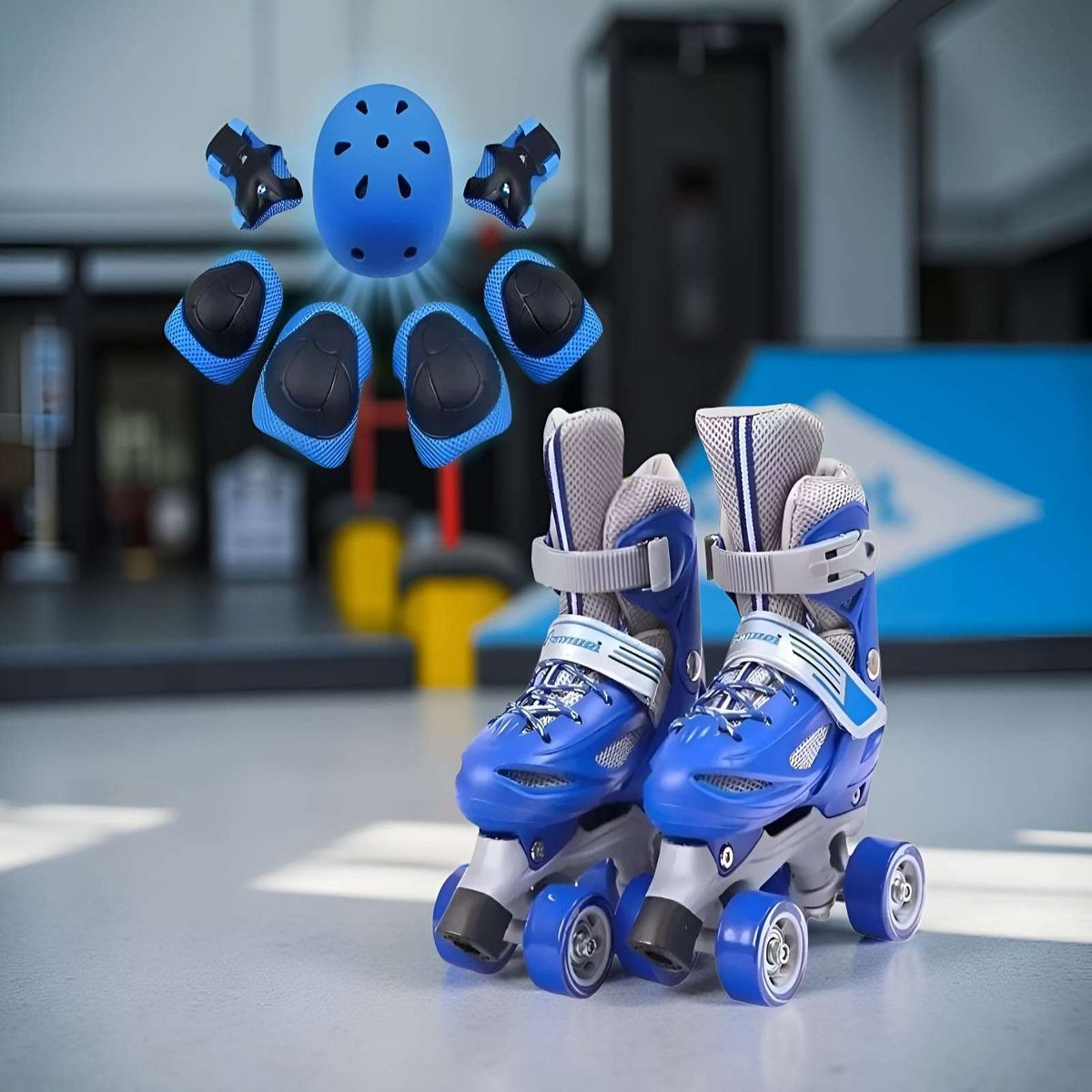 GENERICO - Patines 4 Ruedas Ajustables con Kit Protección AZUL Talla S31-34