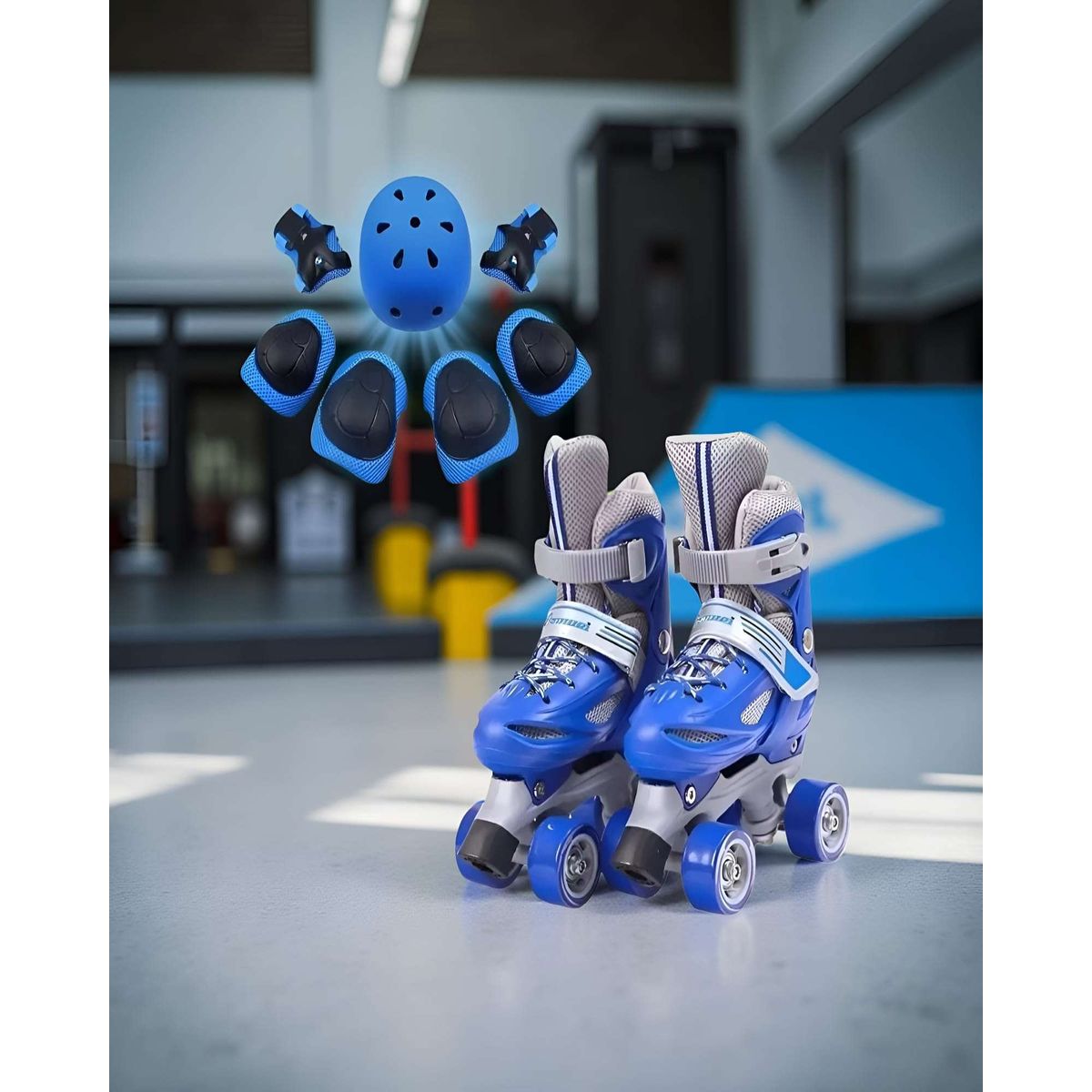 GENERICO - Patines 4 Ruedas Ajustables con Kit Protección AZUL Talla S31-34