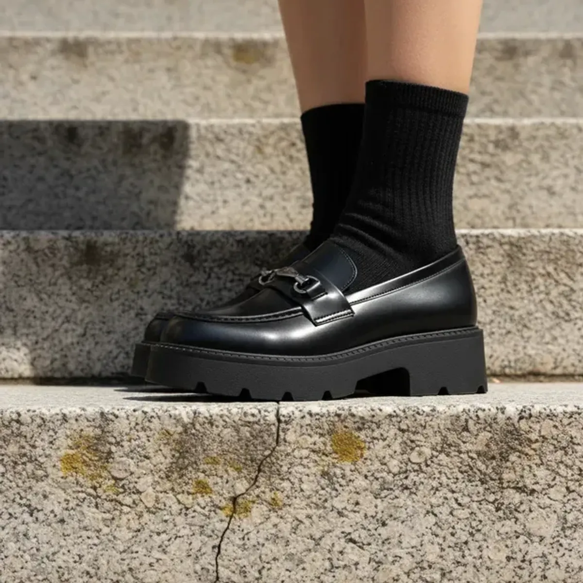 BOVINITA - Mocasines Mujer Plataforma Chunky Suela Track Negro