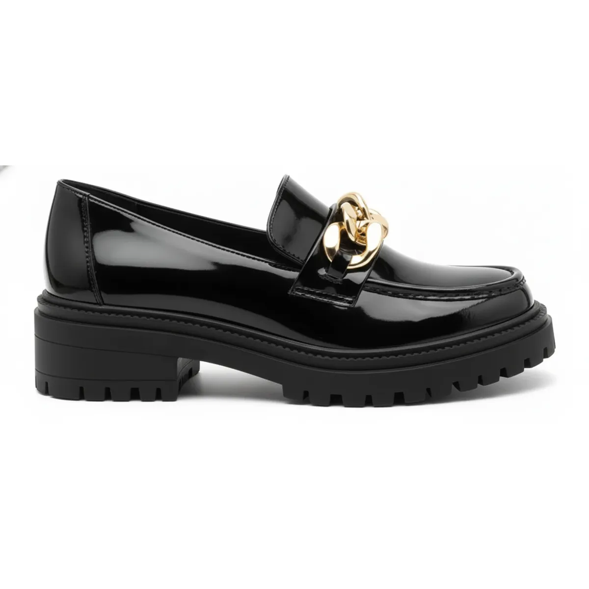 BOVINITA - Mocasín Mujer Charol Negro Con Cadena Oversize Dorada