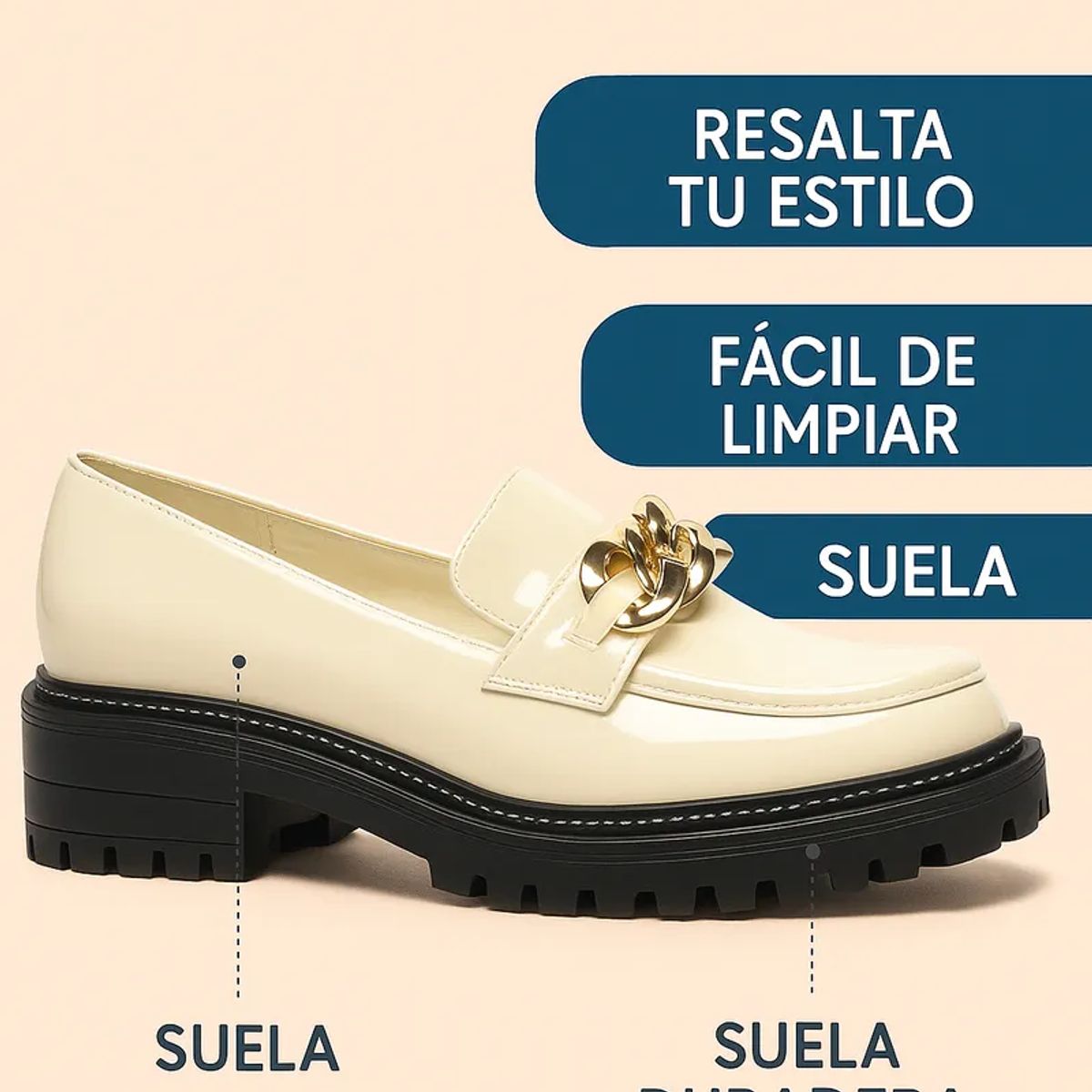 BOVINITA - Mocasines Mujer Beige Charol Cadena Dorada Plataforma Casual